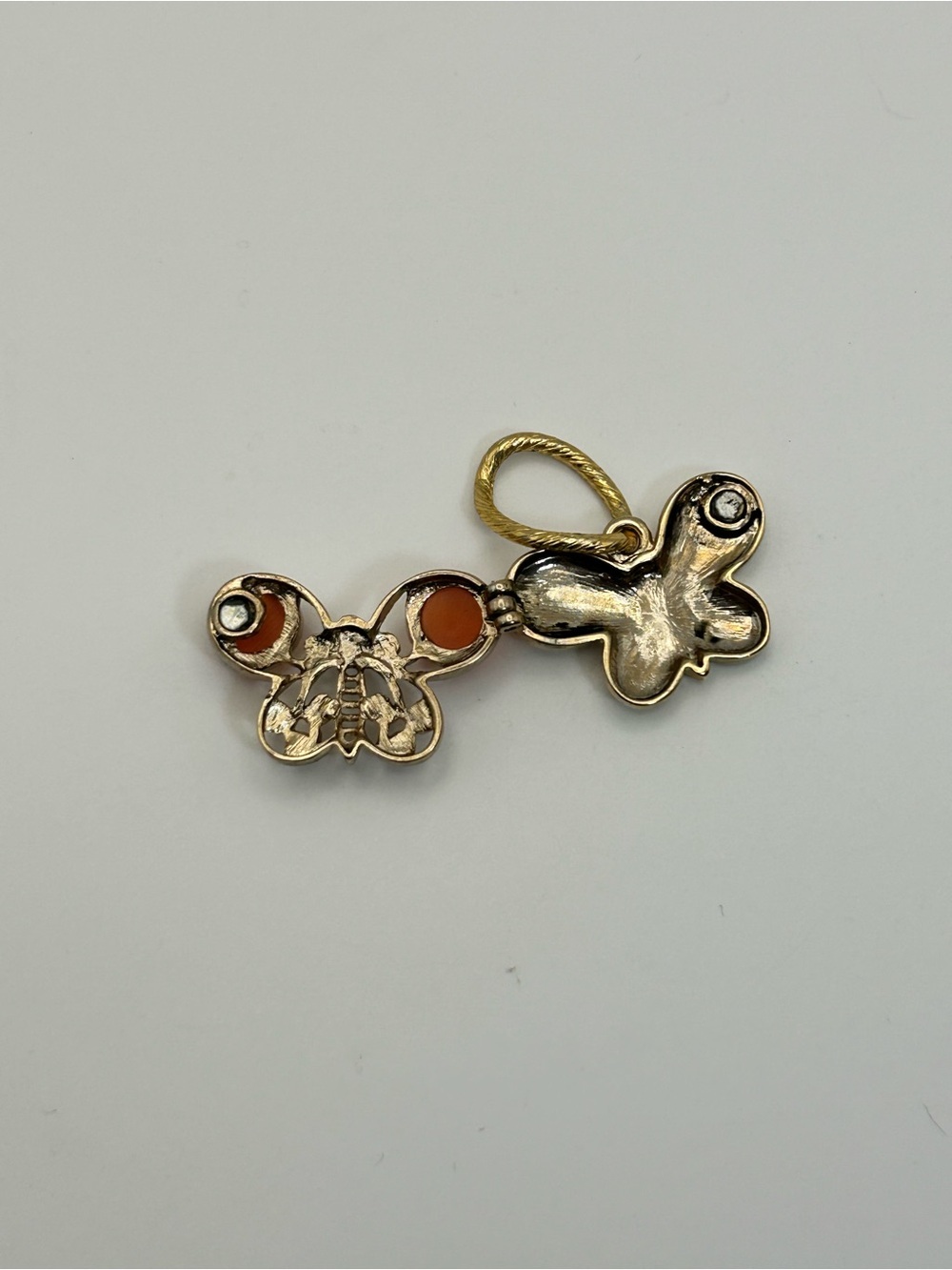 Gold-Tone Butterfly & Heart Pendants Orange Sparkle About 1.5" Drop - Picture 4 of 8